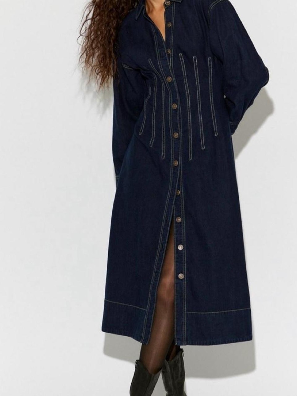 Free People Denim Button-Front Long Sleeve Midi Dress